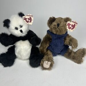 2 VTG TY Beanie Babies Christopher & Checkers Bears Panda 9" Attic Treasure 1993